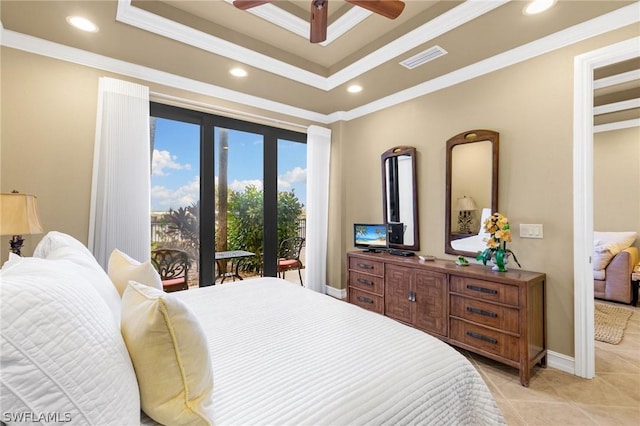 bedroom with a raised ceiling, ceiling fan, access to exterior, and ornamental molding