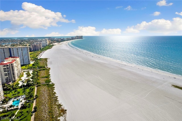 aerial view featuring a beach view and a water view