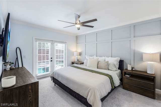 bedroom with ornamental molding, ceiling fan, access to exterior, and light carpet