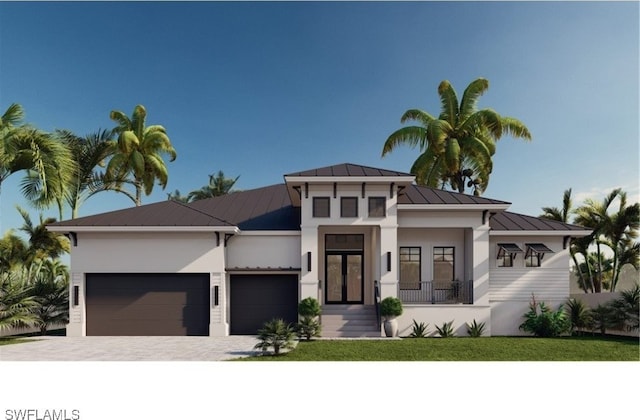 view of front of property with a porch, a garage, and french doors