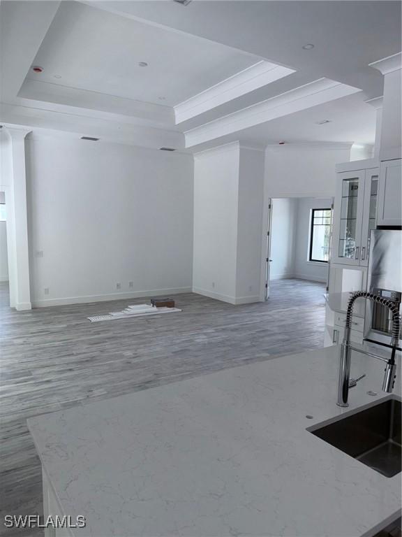 unfurnished living room featuring baseboards, a sink, and a tray ceiling