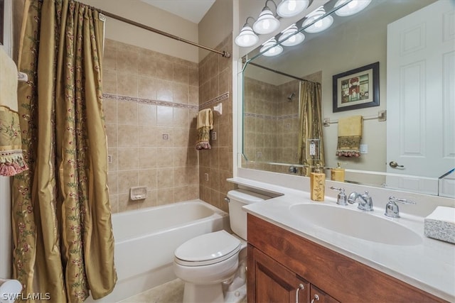 full bathroom with toilet, vanity, and shower / tub combo with curtain