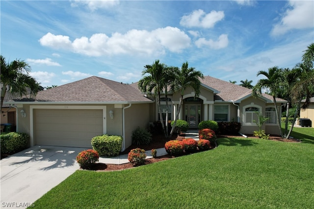 ranch-style home featuring a garage and a front lawn