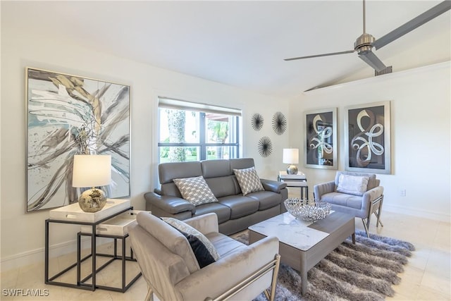 living room featuring ceiling fan, lofted ceiling, and light tile patterned floors