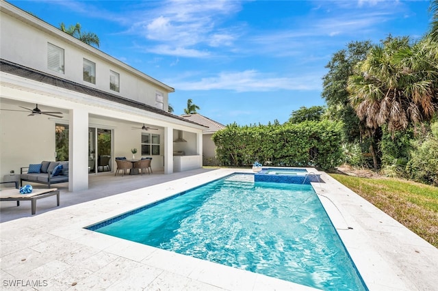 view of pool featuring ceiling fan, a patio, an outdoor hangout area, and a pool with connected hot tub