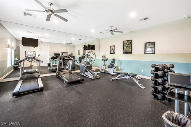 workout area with ceiling fan, visible vents, and baseboards