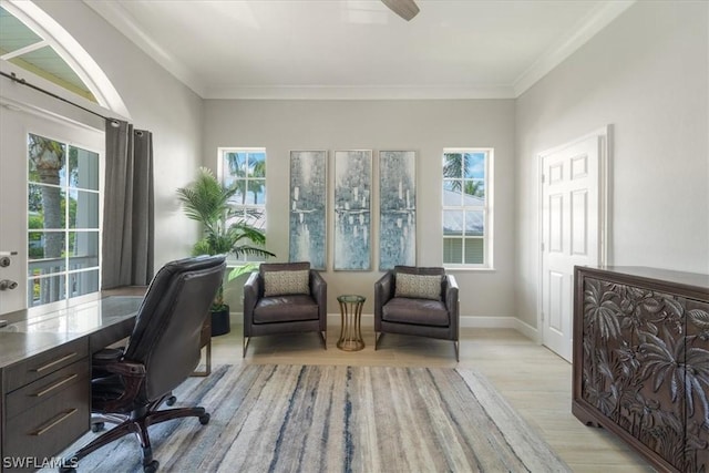 home office with crown molding and light hardwood / wood-style floors