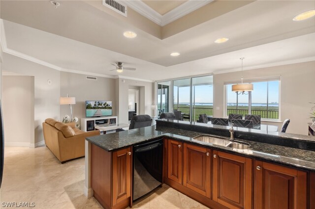 kitchen with dark stone counters, ceiling fan, sink, dishwasher, and light tile patterned floors