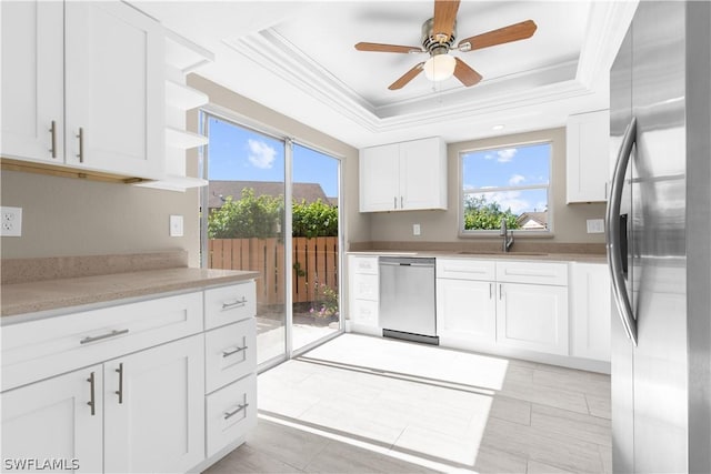 kitchen featuring white cabinetry, stainless steel appliances, sink, a healthy amount of sunlight, and a raised ceiling