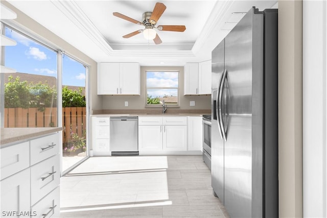 kitchen with white cabinetry, sink, stainless steel appliances, and a raised ceiling