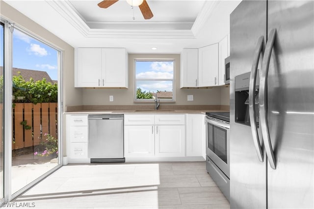 kitchen with white cabinetry, sink, a healthy amount of sunlight, a raised ceiling, and appliances with stainless steel finishes