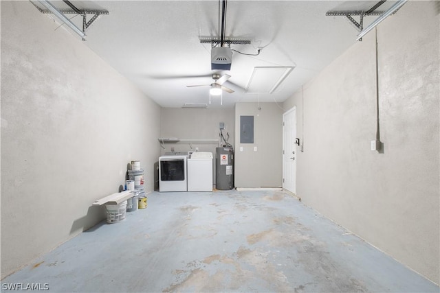 garage with electric water heater, electric panel, separate washer and dryer, and a garage door opener