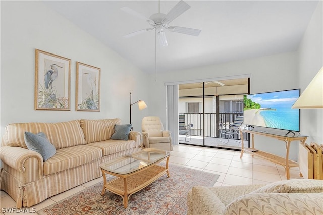 tiled living room with radiator, ceiling fan, and lofted ceiling