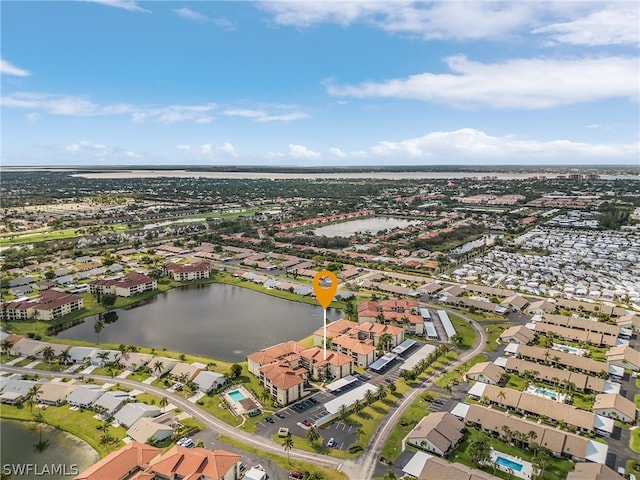 drone / aerial view featuring a water view