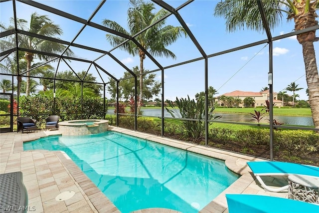 view of pool with an in ground hot tub, a lanai, a water view, and a patio