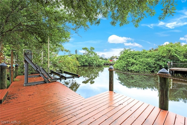 view of dock with a water view and boat lift