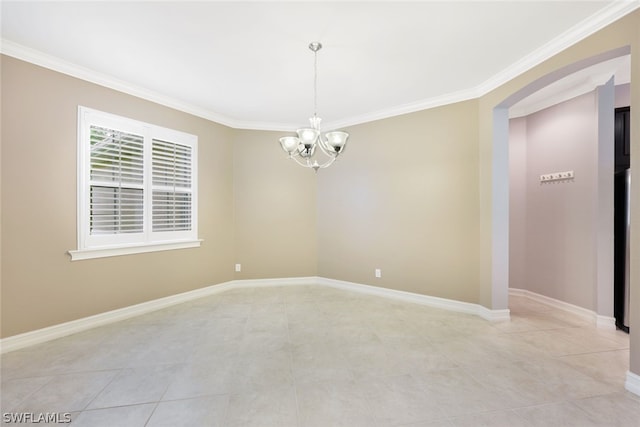 empty room with baseboards, ornamental molding, light tile patterned floors, and a notable chandelier