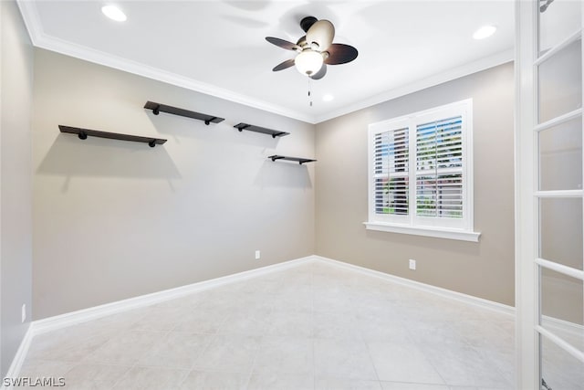 spare room with a ceiling fan, baseboards, crown molding, and recessed lighting