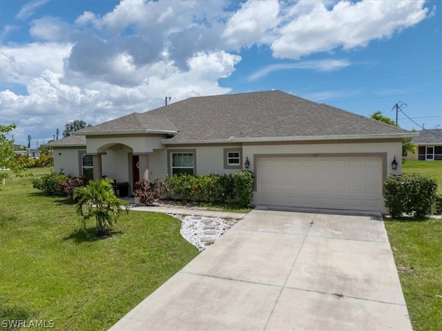 ranch-style home with a garage and a front yard