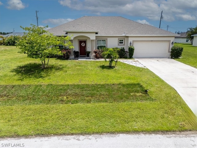 view of front of property with a garage and a front yard