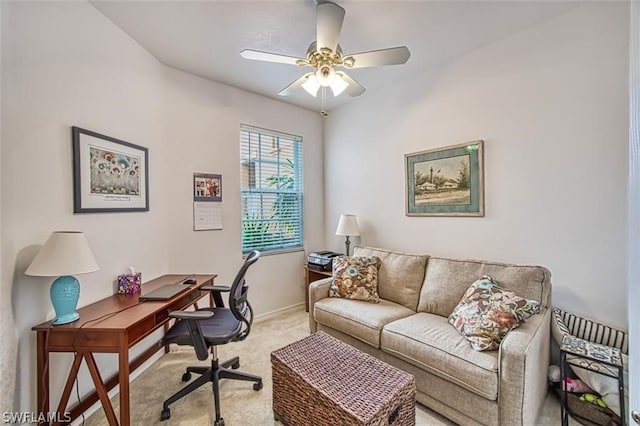 office with ceiling fan and carpet