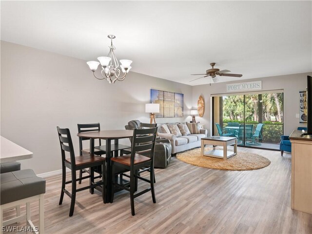 dining room with wood-type flooring and ceiling fan with notable chandelier