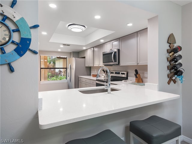 kitchen with a breakfast bar, kitchen peninsula, light stone counters, a tray ceiling, and stainless steel appliances