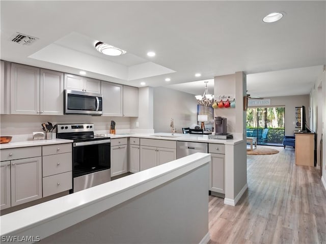 kitchen with light hardwood / wood-style flooring, appliances with stainless steel finishes, a raised ceiling, sink, and gray cabinetry