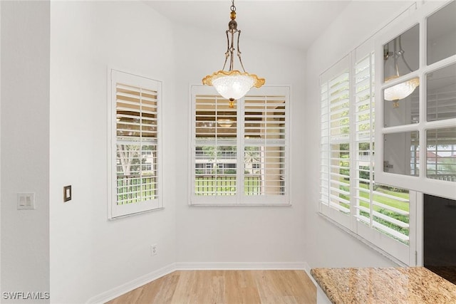 unfurnished dining area featuring baseboards and wood finished floors