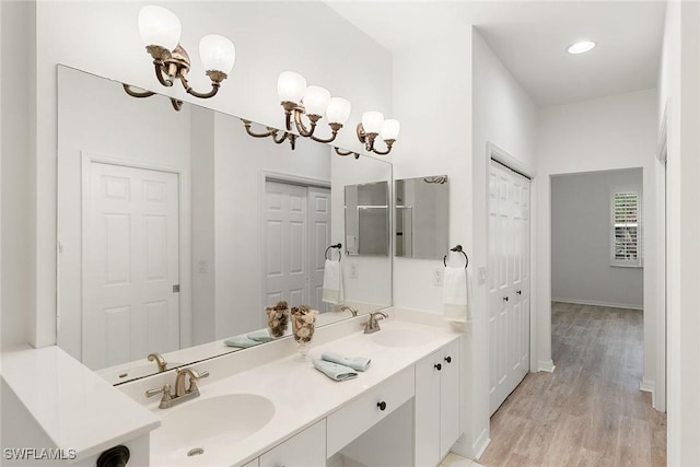 bathroom with a sink, baseboards, wood finished floors, and double vanity