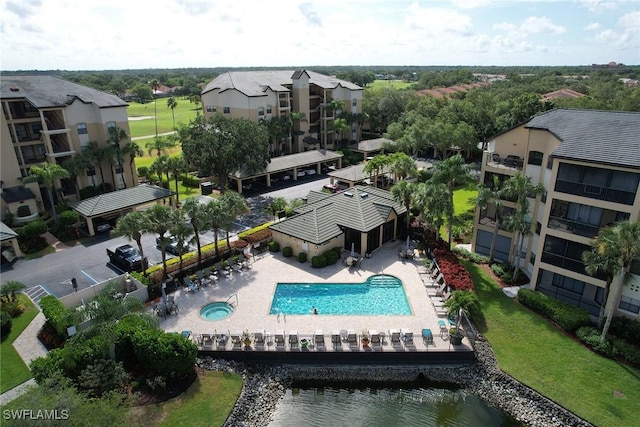 aerial view featuring a water view