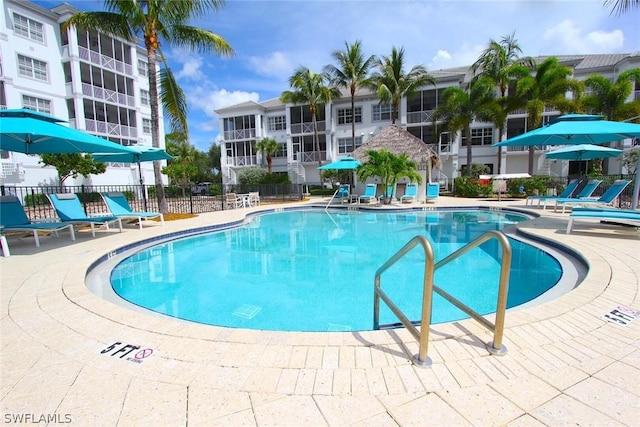 view of swimming pool featuring a patio