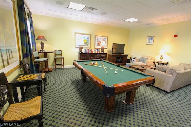 recreation room featuring carpet floors, ornamental molding, and billiards