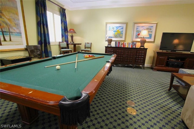 playroom with dark colored carpet, crown molding, and pool table