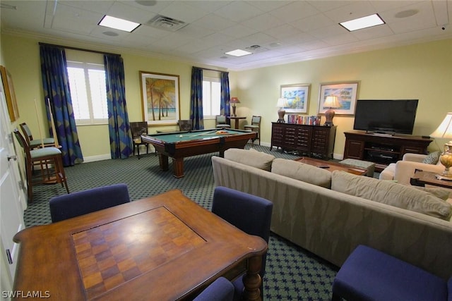 rec room featuring carpet flooring, ornamental molding, and pool table