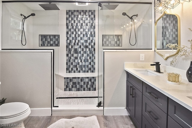 bathroom with vanity, toilet, a shower with door, and wood-type flooring