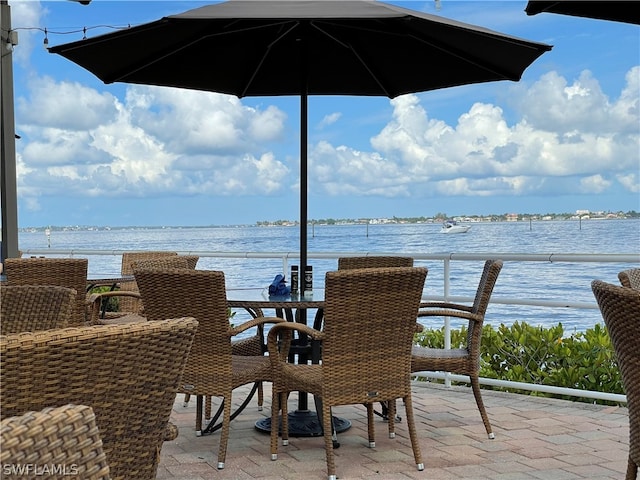 view of patio with a water view and a balcony