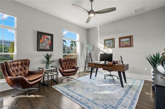 office with dark wood-style floors, ceiling fan, visible vents, and baseboards