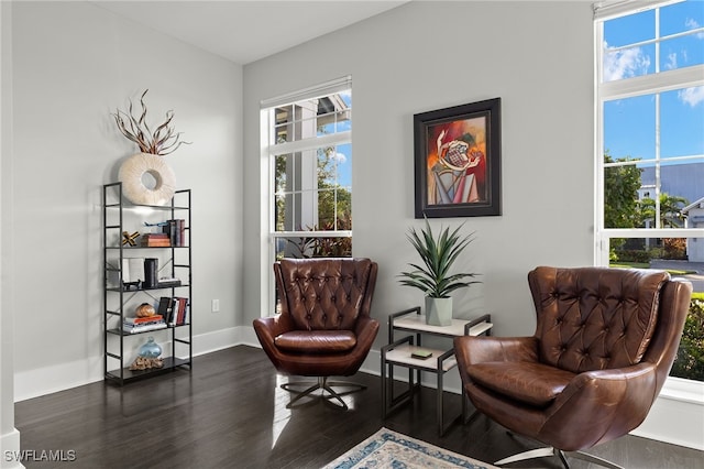 living area with baseboards and dark wood-type flooring