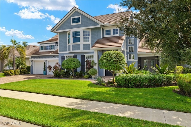 view of front of house featuring a garage and a front lawn