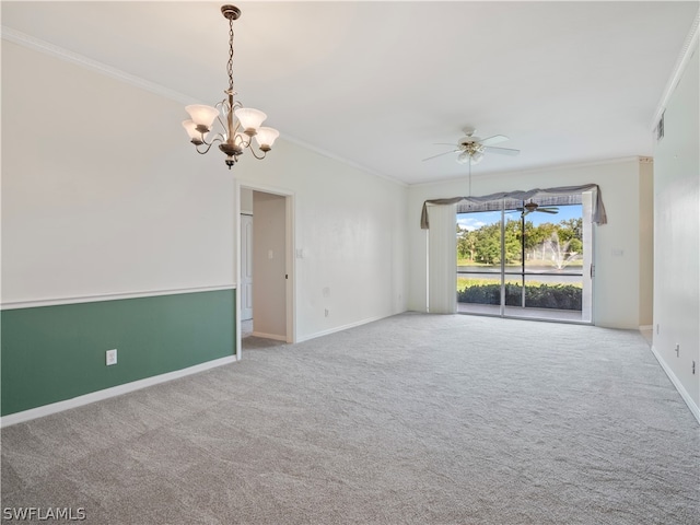 carpeted empty room with ornamental molding and ceiling fan with notable chandelier