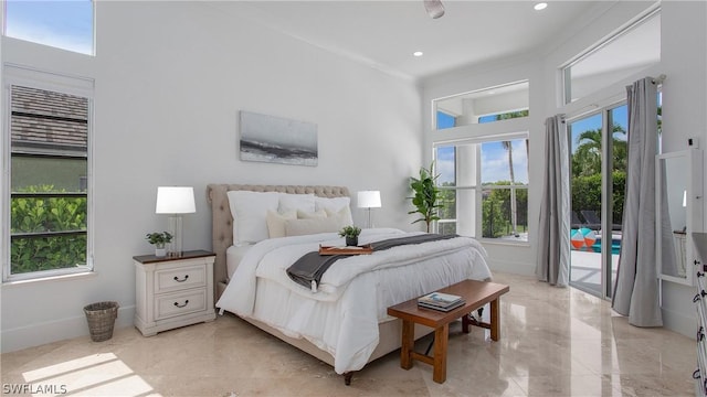 bedroom featuring access to exterior, baseboards, marble finish floor, and recessed lighting