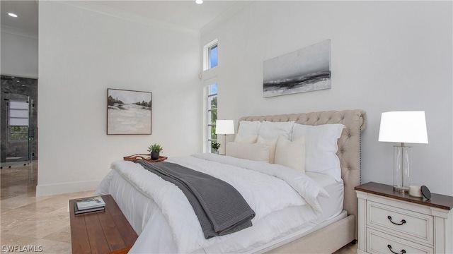 bedroom with recessed lighting, crown molding, and baseboards