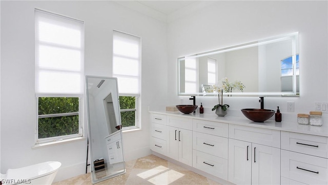 full bathroom with double vanity, a sink, and a healthy amount of sunlight