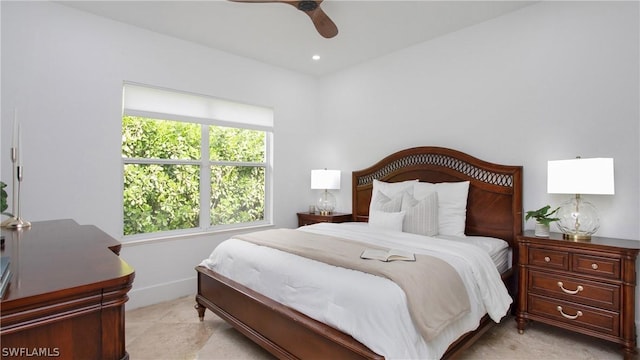 bedroom featuring recessed lighting, ceiling fan, and baseboards