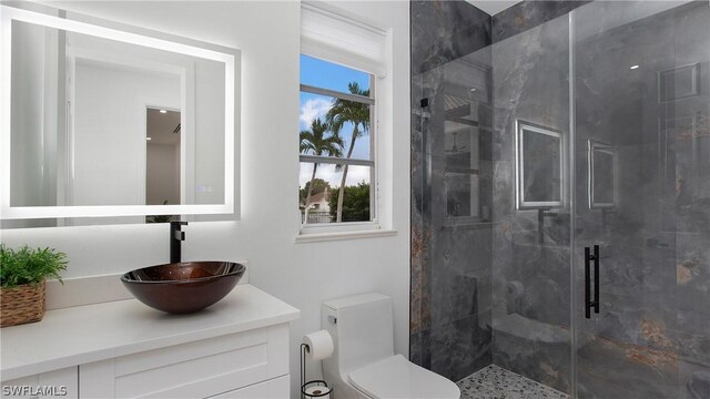 bathroom with a shower with door, vanity, and toilet