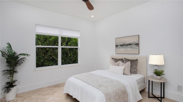 bedroom featuring ceiling fan, recessed lighting, and baseboards