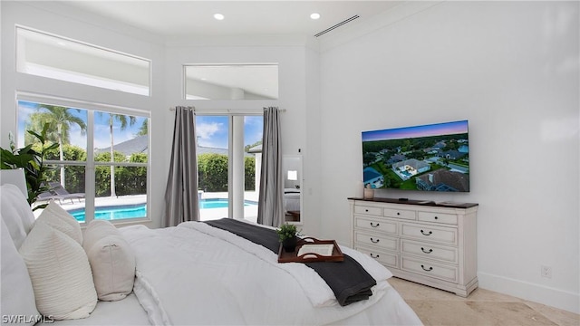 bedroom featuring light tile patterned floors, recessed lighting, visible vents, baseboards, and access to outside