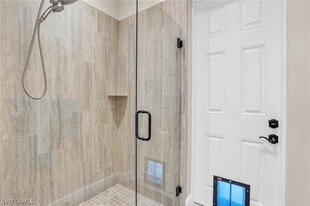 bathroom featuring a shower with door