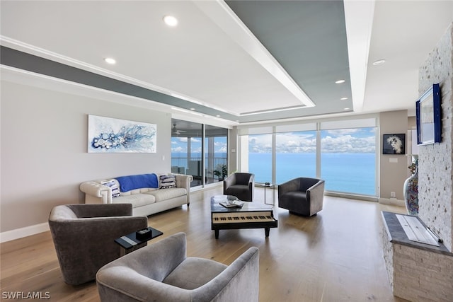 living room with light hardwood / wood-style floors and a wall of windows